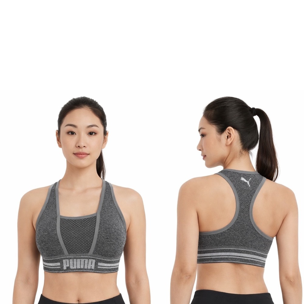Puma Grey Heather Racerback Sports Bra Mesh Inset Metallic‎ Logo L Gym 104-43